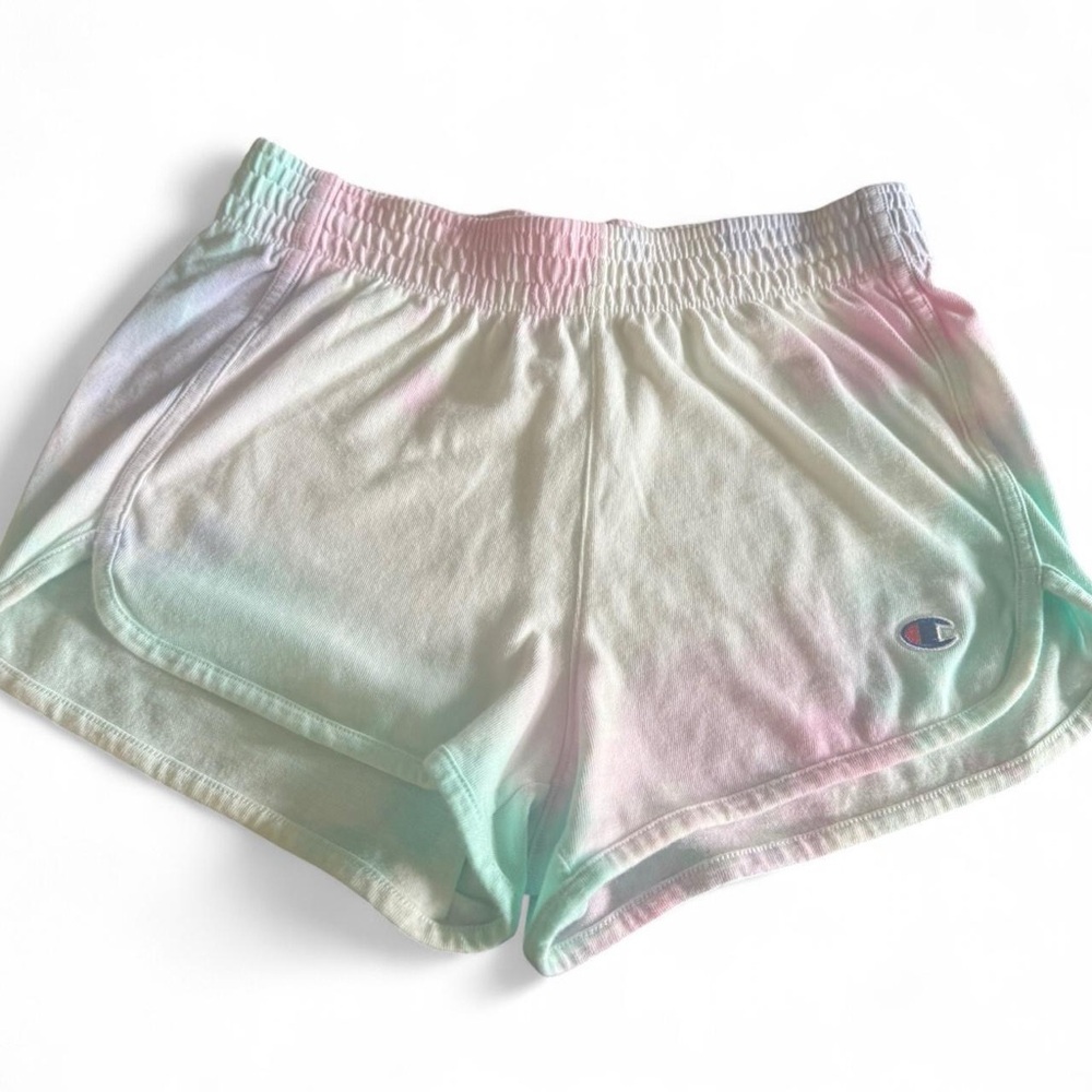 Champion Pink and Green Athletic Shorts with Tie-Dye Design